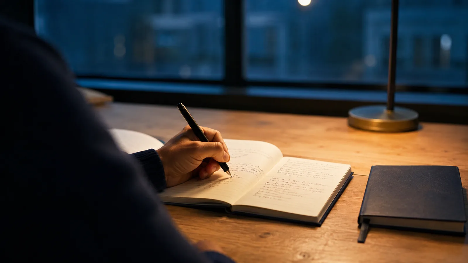 A hand writing notes in an open notebook beside a second, closed notebook