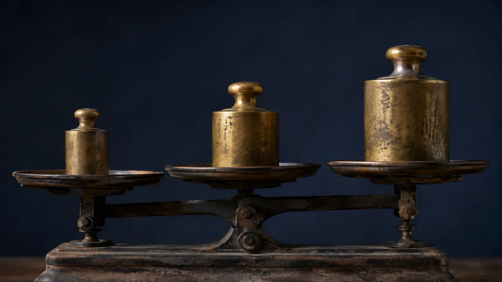 Three brass weights of different sizes resting on an antique balance scale