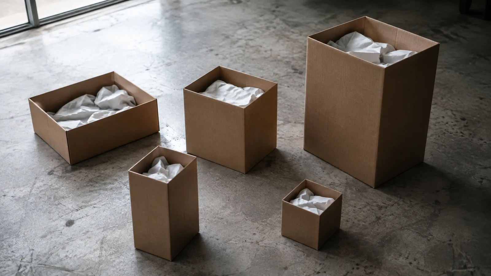 Five cardboard boxes of different sizes on a concrete floor, none aligned