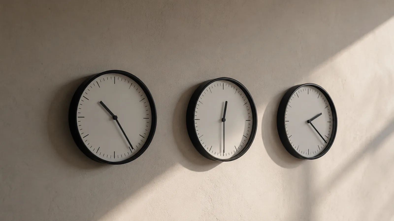 Three wall clocks mounted side by side, each showing a different time