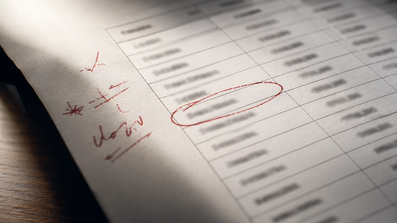 A printed table annotated in red pen, with one row circled