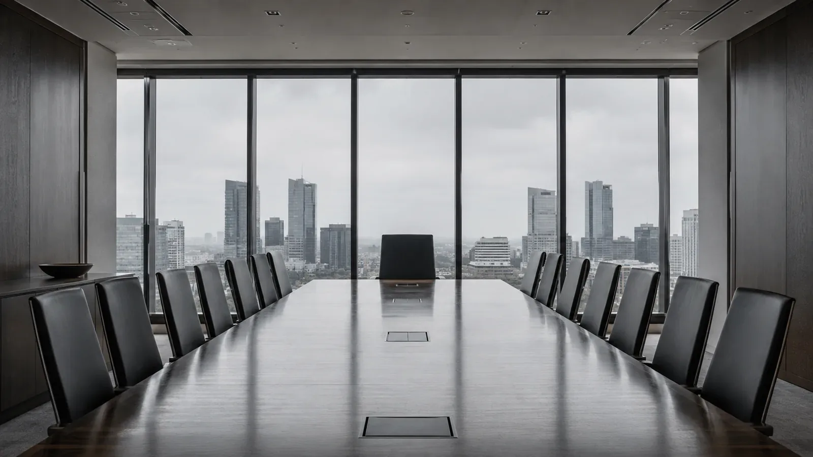 An empty chair at the head of a long boardroom table under overcast light