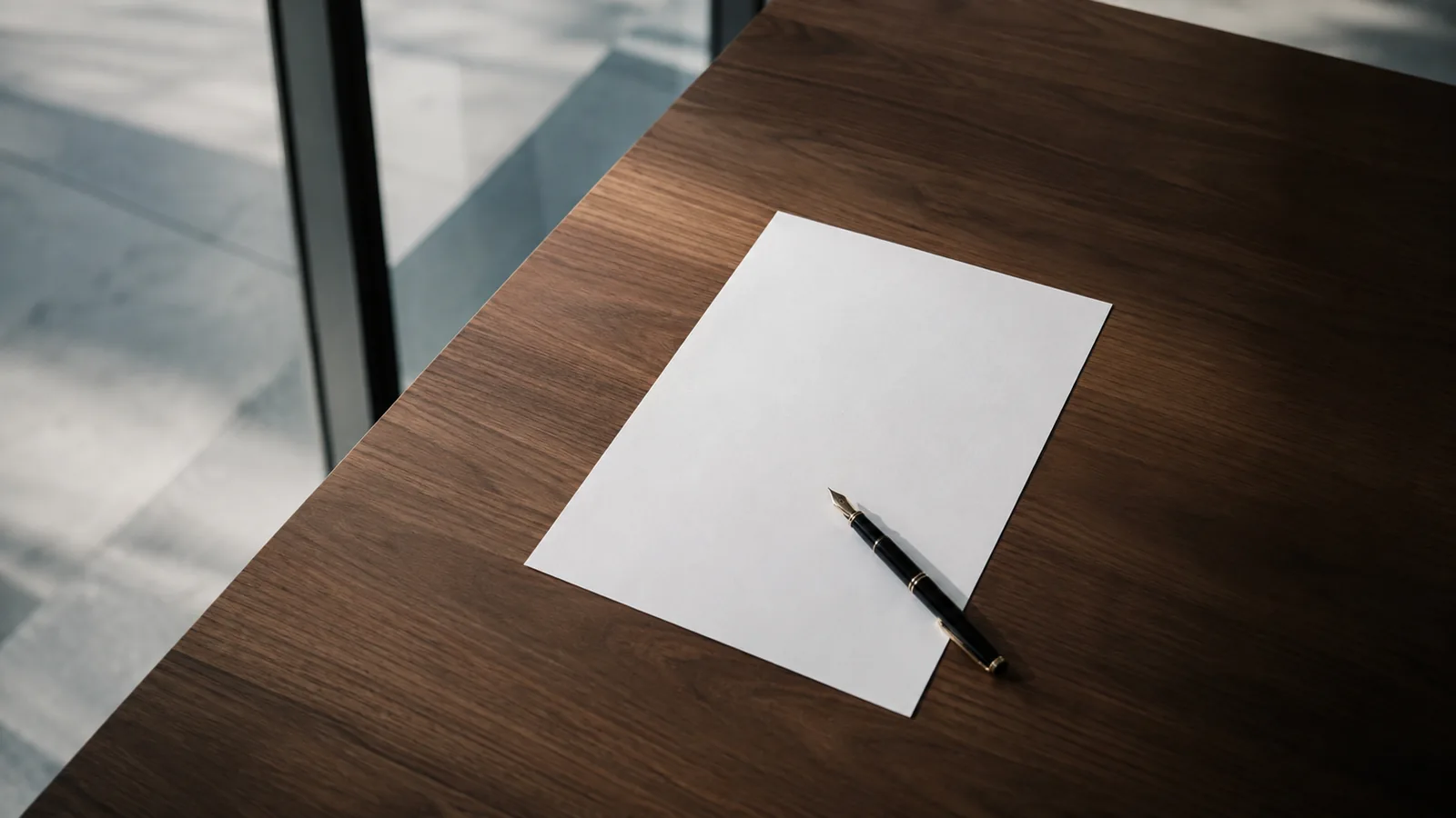 A single printed document on a walnut table with a fountain pen resting on it