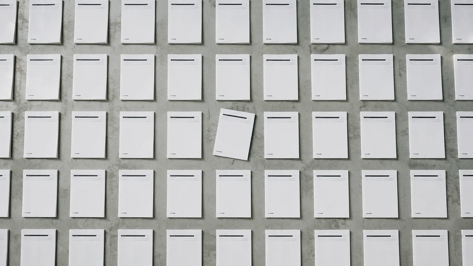 A grid of identical documents seen from above, one turned out of alignment